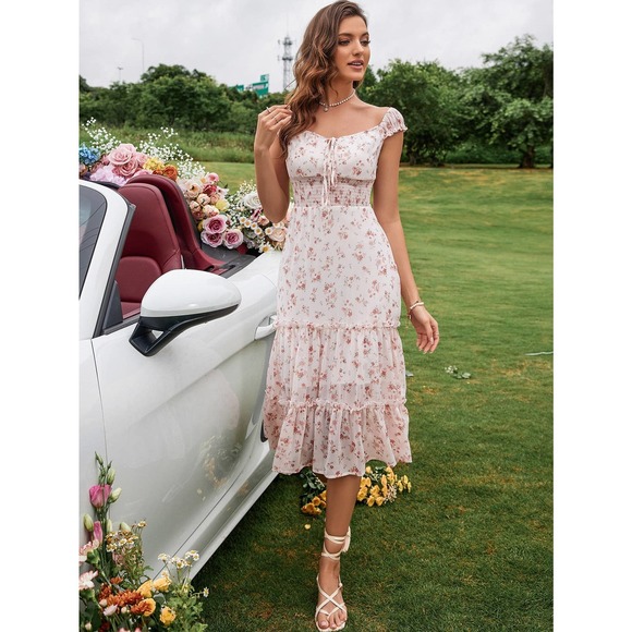 Cottagecore Floral Print Shirred Waist Knot Front Ruffle Hem Dress pink - Picture 4 of 5